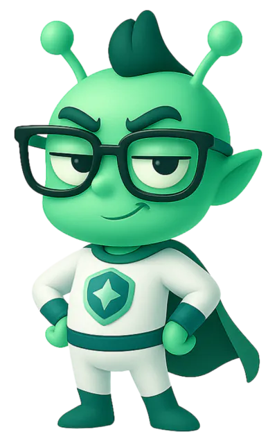 Zylo, the green alien in a white suit and cape, standing with his hands on his hips